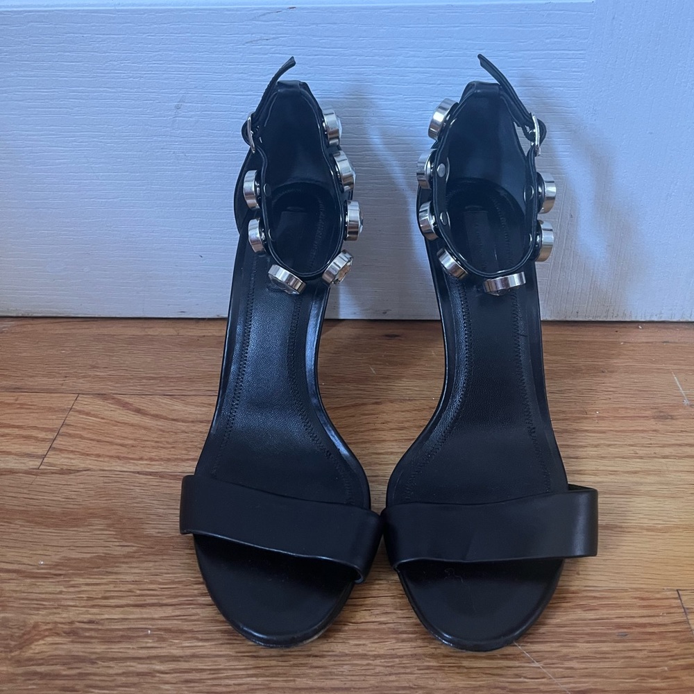 Alexander wang crystal ankle strap black leather high heel sandals